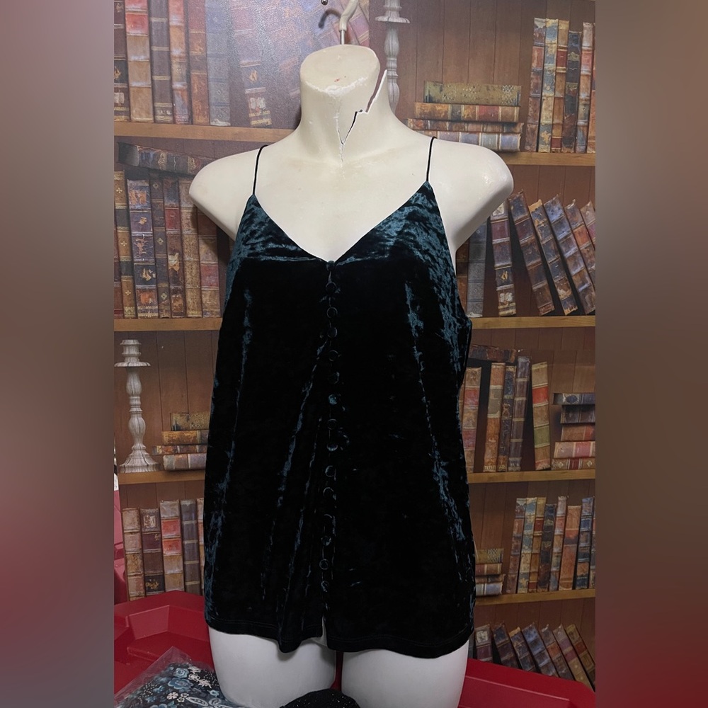 New LOST + WANDER Green Velvet Button Down Cami Top Blouse Cropped Size M - Picture 1 of 4